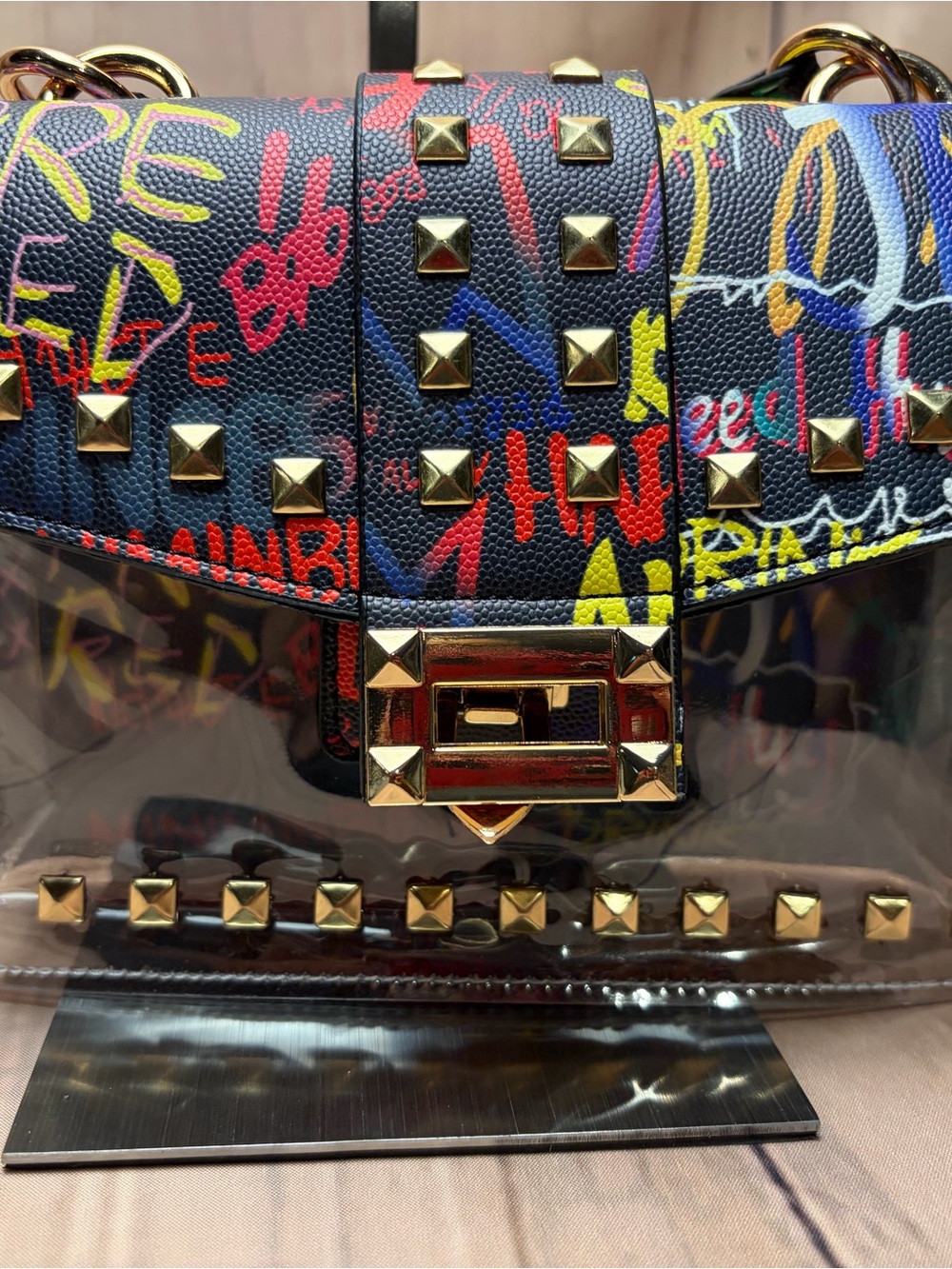 Multicolor Graffiti Studded Satchel with Clear Panel - Picture 2 of 6